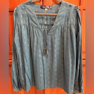 Boho Metallic Print Peasant Blouse in Dusty Blue